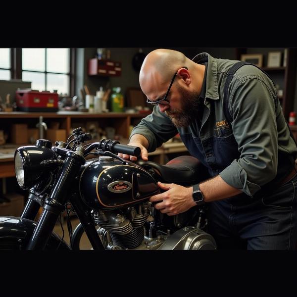 Mécanicien travaillant sur une moto ancienne dans un atelier spécialisé