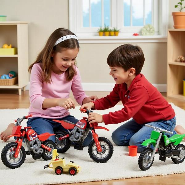 Enfants jouant avec des motos cross Playmobil