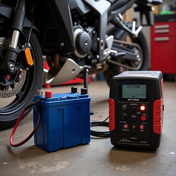 Batterie moto en charge avec un chargeur de maintien de charge.