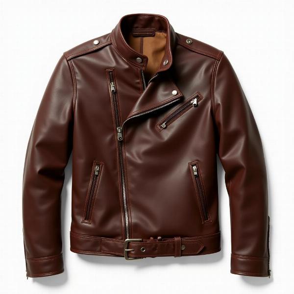 Blouson moto biker en cuir marron style vintage avec des coutures apparentes et un col mao.