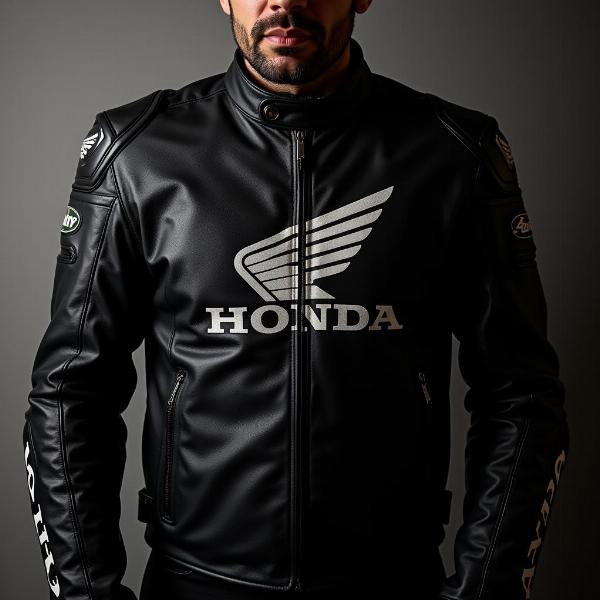 Blouson moto Honda homme en cuir noir, style racing, avec protections aux épaules et aux coudes.