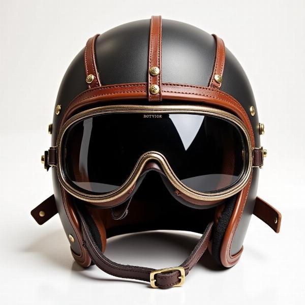 Casque moto custom vintage avec des détails en cuir et des lunettes aviateur.