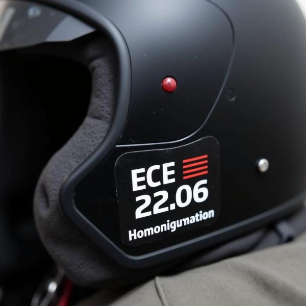 Casque moto intégral avec étiquette d'homologation ECE 22.06 garantissant la sécurité.