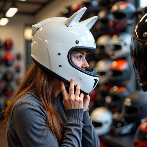 Femme essayant un casque moto lapin, vérifiant la taille et le confort