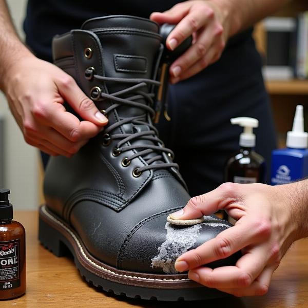 Entretien d'une chaussure haute moto en cuir avec des produits spécifiques.