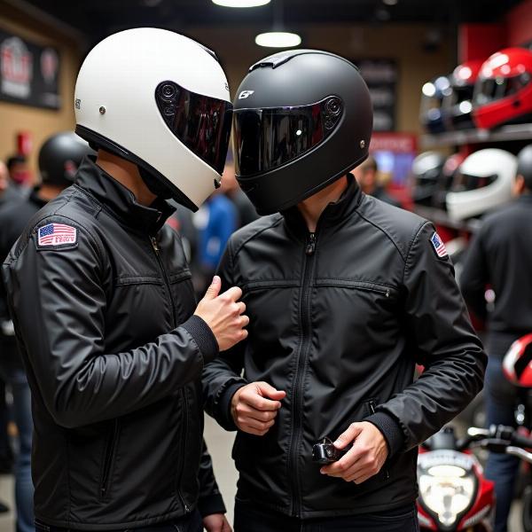 Motard essayant un casque moto en magasin