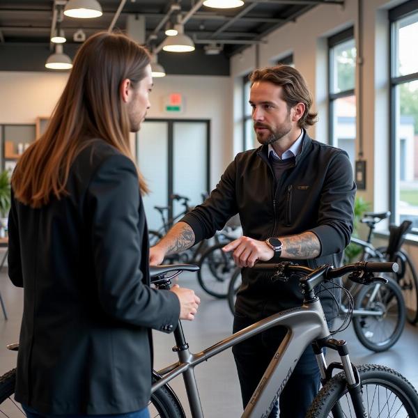 Un conseiller Dafy Moto Laval présente un city bike à un client