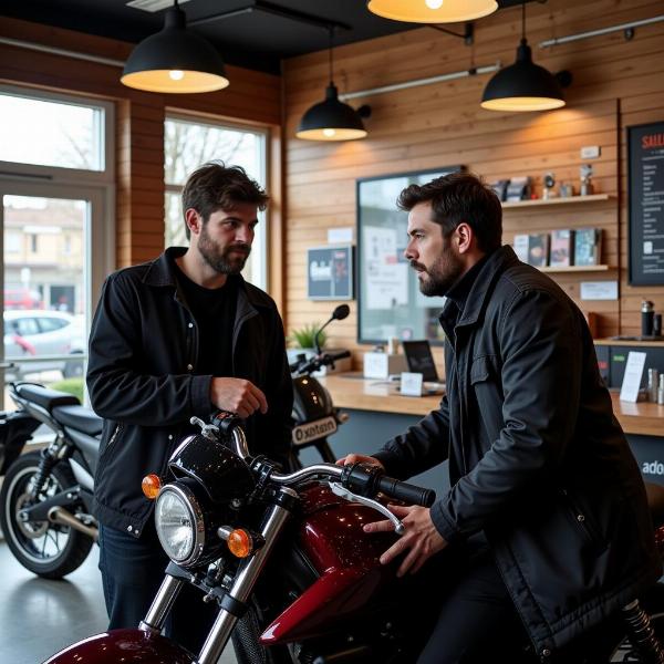 Un client recevant des conseils dans un magasin de motos à Alès