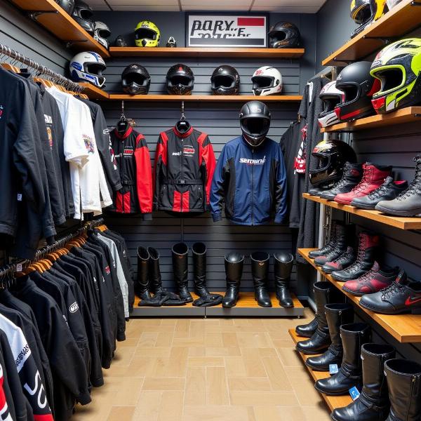 Intérieur du magasin Dafy Moto à Thionville avec des rayons d'équipements moto.