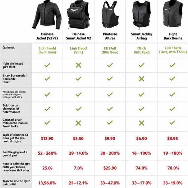 Tableau comparatif des différents airbags moto du marché, incluant le Dainese Smart Jacket V2 et ses concurrents, avec leurs caractéristiques et prix.