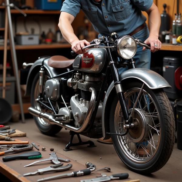 Entretien d'une moto vintage dans un atelier