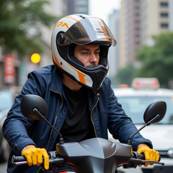 Passager d'un taxi moto portant un casque et des gants