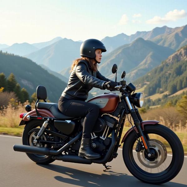 Femme chevauchant une moto sur une route panoramique