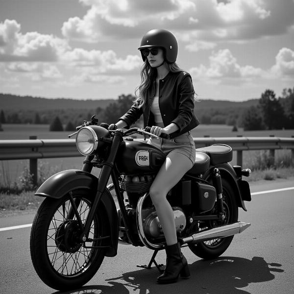 Photo en noir et blanc d'une femme sur une moto vintage, portant un casque et des lunettes de soleil.