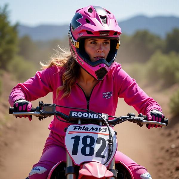 Femme portant un casque moto cross rose