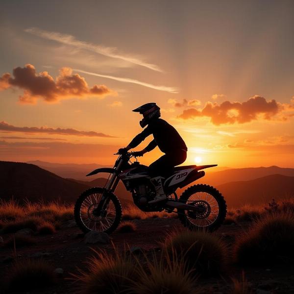 Fond d'écran panoramique d'une moto cross au coucher du soleil sur un terrain accidenté.