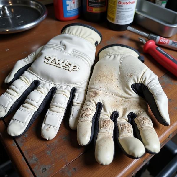 Gants moto blancs salis après utilisation, nécessitant un entretien