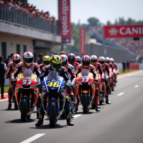 Grille de départ MotoGP Valence - Image de la grille de départ du Grand Prix de Valence, avec les pilotes prêts à partir. On peut voir les différentes motos alignées, la tension palpable et l'excitation du public.