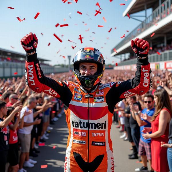 Célébration d'un joueur de MotoGP après une victoire