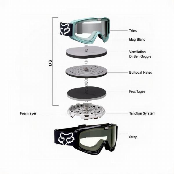 Vue éclatée d'un masque moto cross Fox, montrant les différentes couches de mousse, l'écran, la sangle et les systèmes de ventilation.