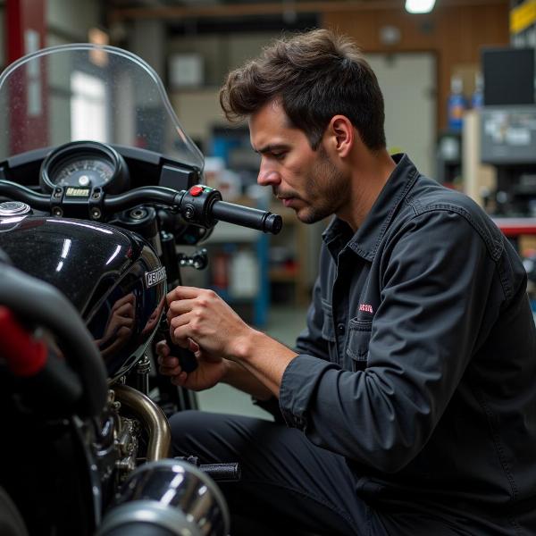 Mécanicien travaillant sur une moto dans un atelier à Bastia