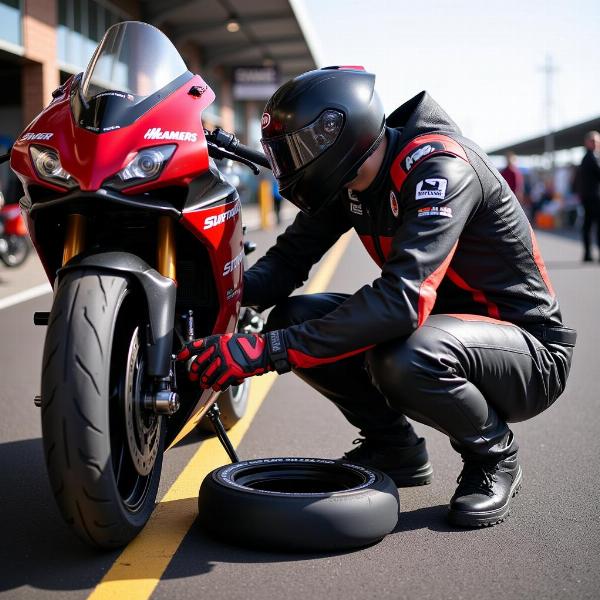 Motard installant une couverture chauffante sur sa moto