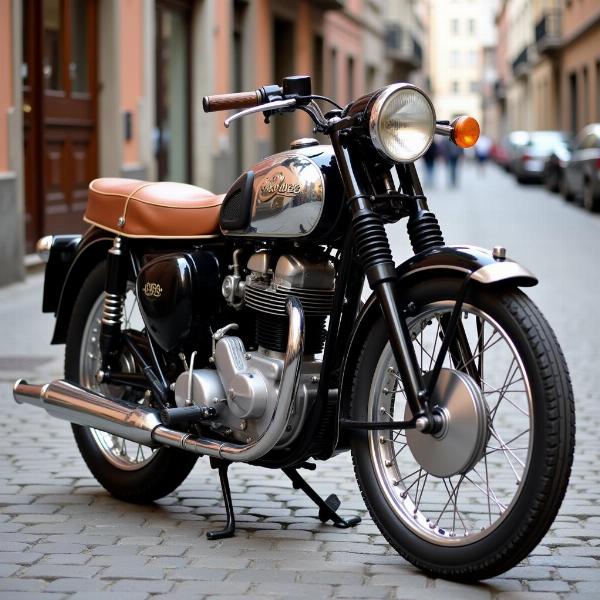 Moto 125 vintage classique avec selle en cuir marron et réservoir chromé