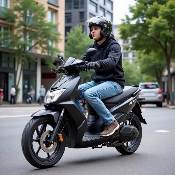 Jeune conducteur sur une moto 50cc 4T moderne en ville