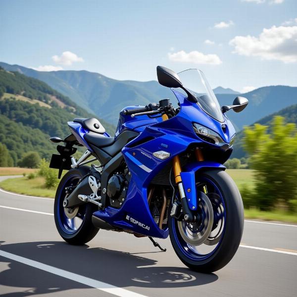 Moto bleue sportive sur la route