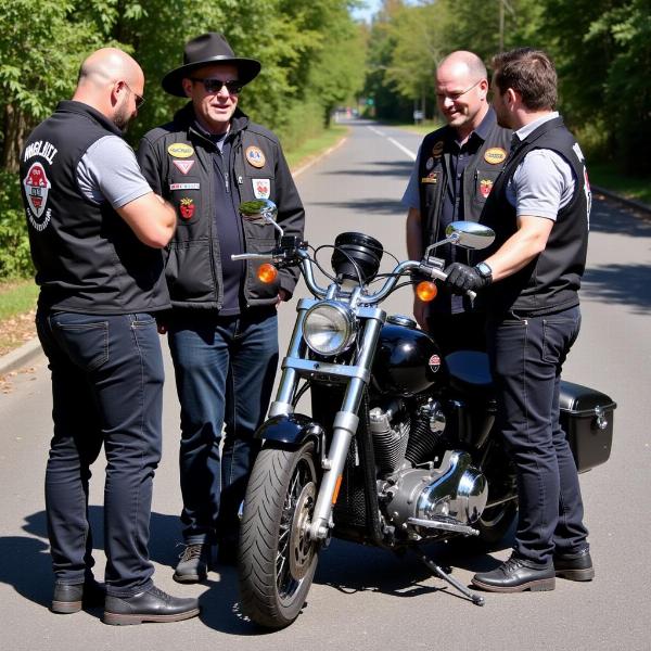 Membres d'un moto club discutant autour d'une moto.