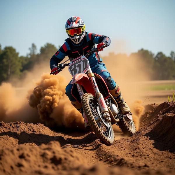 Pilote en action sur une moto cross 250cc sur un terrain accidenté