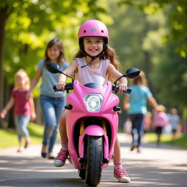 Moto électrique Injusa pour enfant - Une petite fille roule fièrement sur sa moto électrique Injusa rose dans un parc ensoleillé.