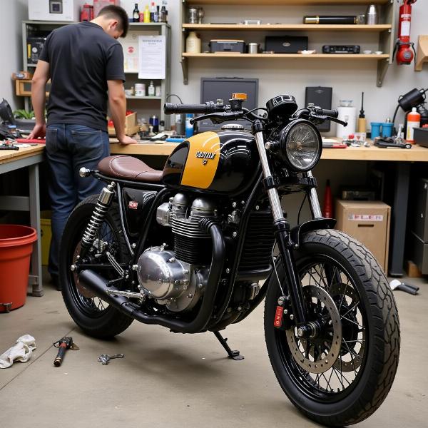 Préparation d'une Moto Guzzi Café Racer dans un atelier