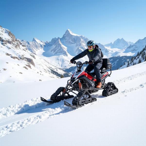 Moto neige traversant un paysage alpin enneigé