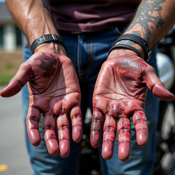 Abrasions aux mains après une chute de moto sans gants