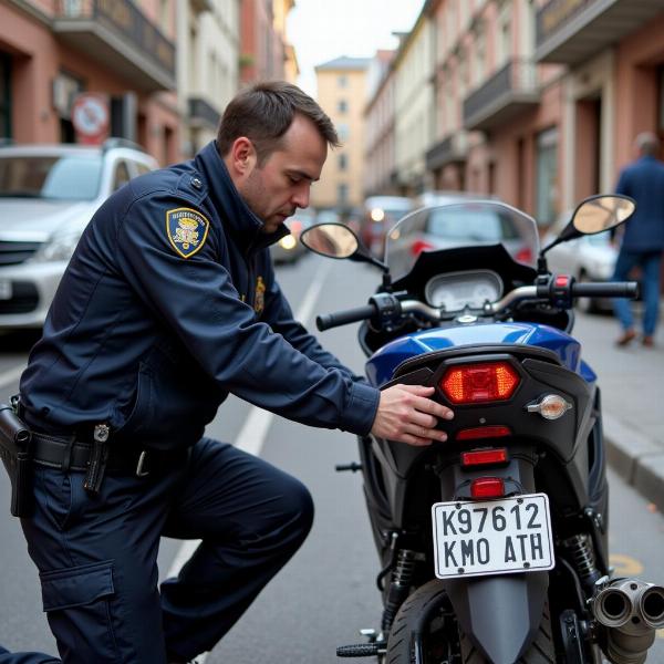 Contrôle de police sur une moto avec une petite plaque d'immatriculation non homologuée