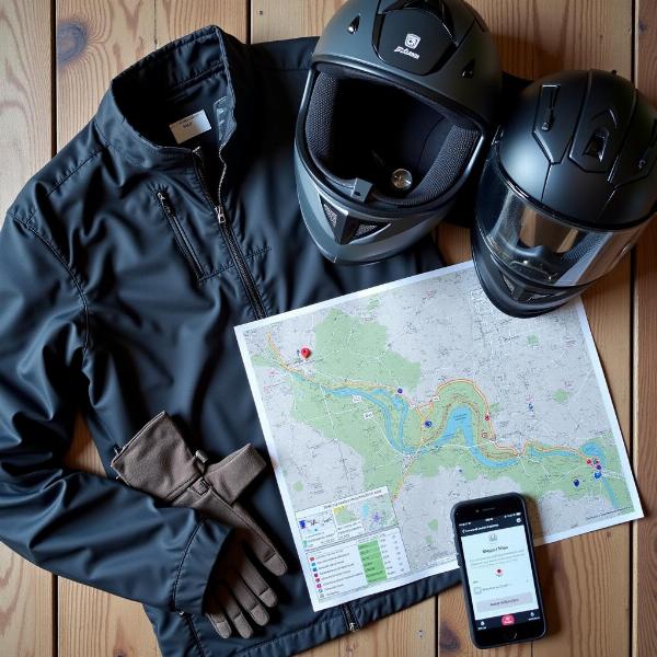 Préparation trajet moto avec carte et équipement