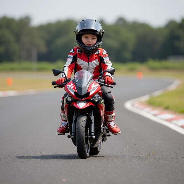 Jeune pilote sur une moto de course 14 pouces sur circuit.