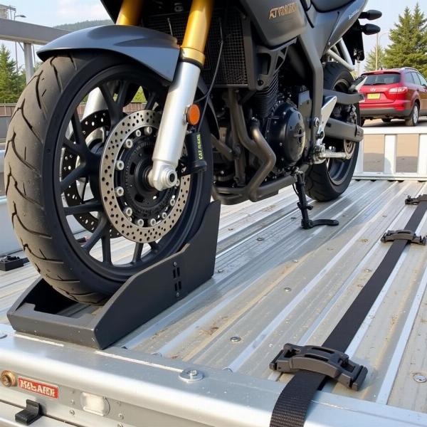 Rail d'arrimage et bloque-roue pour moto sur remorque