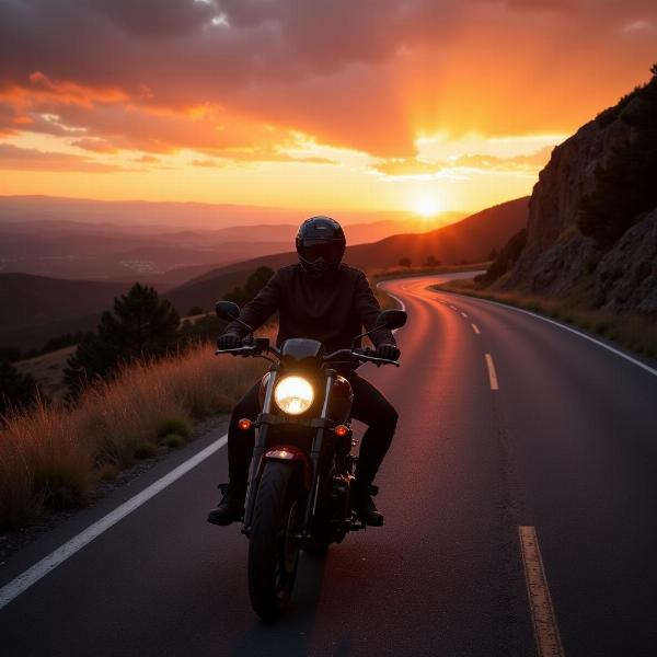 Route moto coucher de soleil