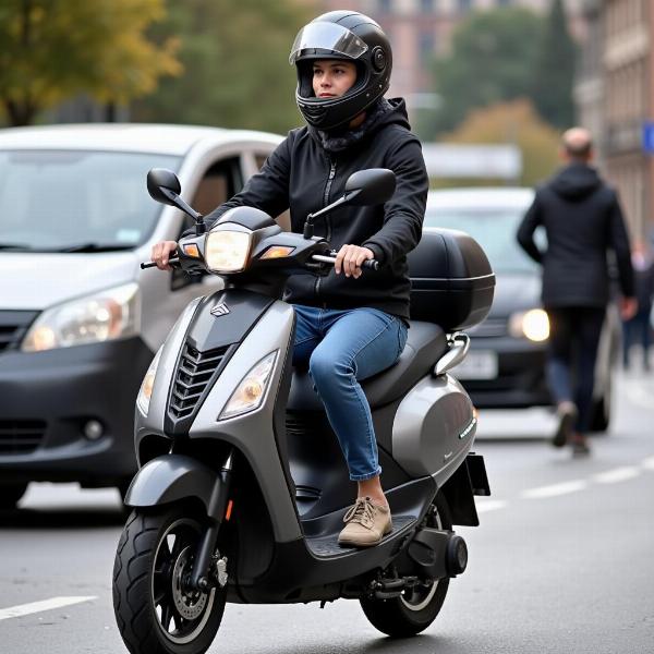 Jeune conducteur sur un scooter 50cc moderne en ville