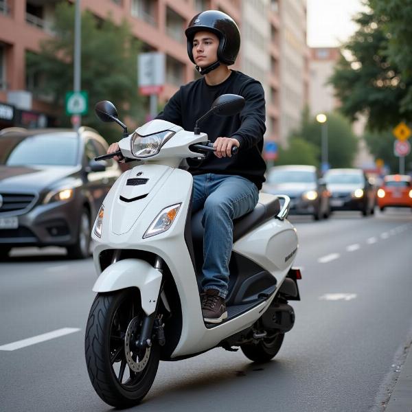 Jeune conduisant un scooter sans permis en ville