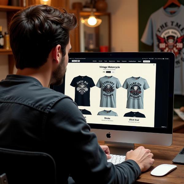 Un homme regardant des tee shirts homme moto vintage sur un site e-commerce.