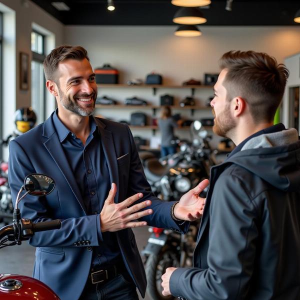 Vendeur conseillant un client dans un magasin de moto