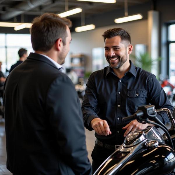 Un vendeur conseillant un client dans un magasin de motos