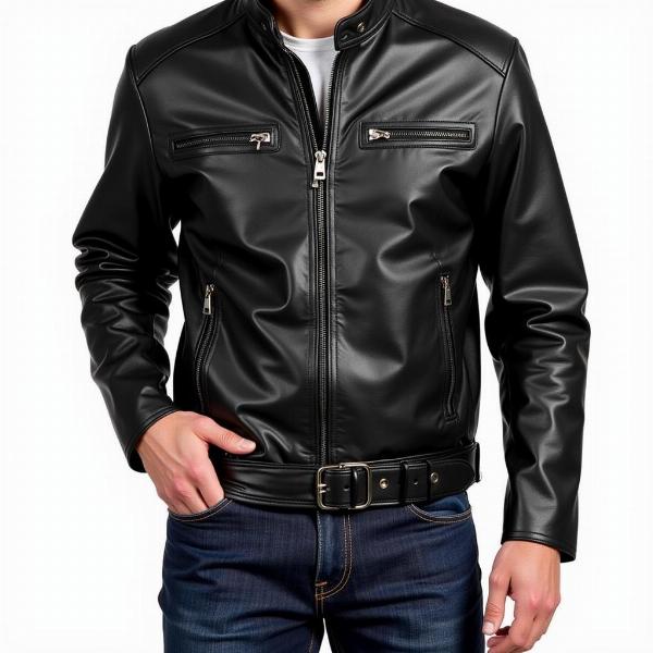 Veste moto 3/4 en cuir noir pour homme