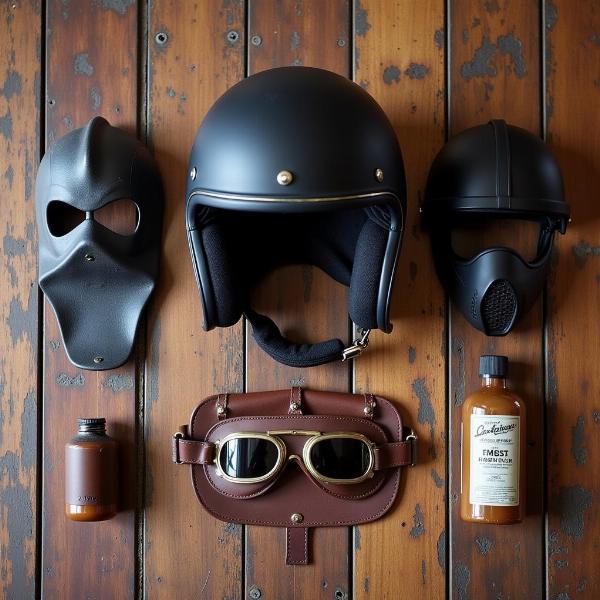 Accessoires pour casque moto cafe racer, incluant lunettes aviateur et masque facial