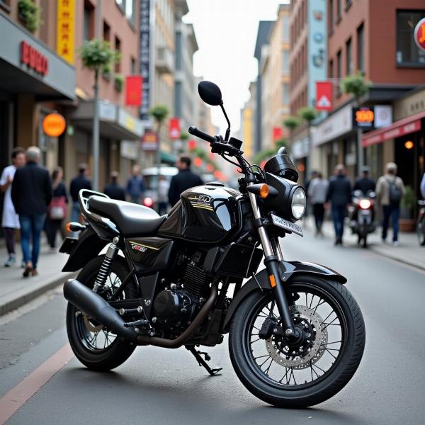 Assurance moto 125 prix moyen: Illustration d'une moto 125cc garée dans une rue animée avec des bâtiments et des piétons en arrière-plan. L'image met l'accent sur l'aspect pratique et le coût de possession d'une moto 125cc en ville.