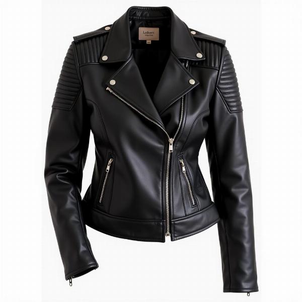 Blouson cuir moto femme classique, coupe ajustée, couleur noire, détails matelassés sur les épaules et les coudes, fermeture éclair asymétrique, col montant avec bouton pression.