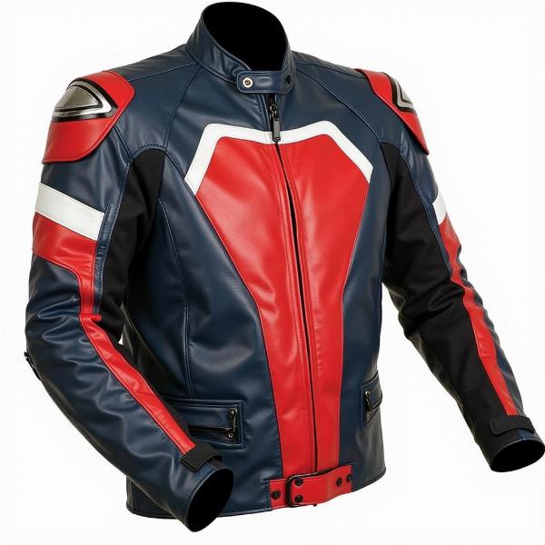 Blouson cuir moto homme sport, couleurs vives, design moderne, protections intégrées, aérodynamique.